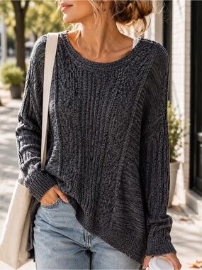Charcoal Cable Knit Sweater Oversized Marled Hi Low Pullover Rubbish Medium